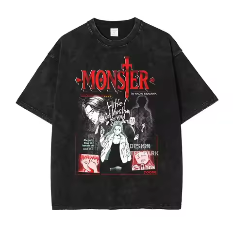 Anime Monster T Shirt Liebert Johan Vintage Washed Tops Tees Manga Graphic Short Sleeve Male Female 