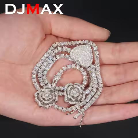 DJMAX 3mm Moissanite Tennis Chain Rose and Heart For Women Original 925 Sterling Silver Men's Moissa