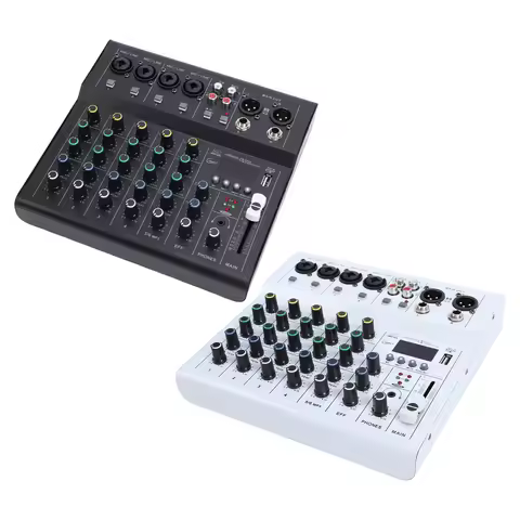 6 Channel Mini Sound Mixer DJ Controller with BT MP3 Player 48V Phantom Power Built-in Guitar Amp Po