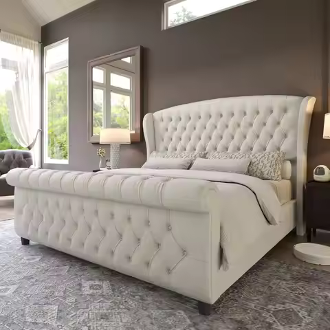 Queen Size Platform Bed Frame, Chenille Upholstered Sleigh Bed with Scroll Wingback Headboard amp Fo