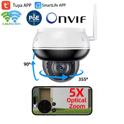 5MP Tuya WiFi POE Onvif 5X Optical Zoom Outdoor PTZ Motion Tracking IR Audio Video Security CCTV Cam
