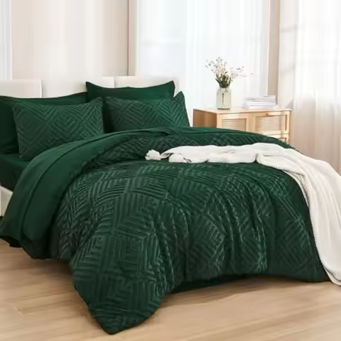 King Size Comforter Set 7 Pieces Dark Emerald Green - Bed in a Bag King Boho Lightweight Fluffy Tuft