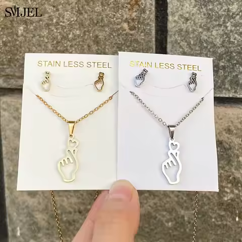 Stainless Steel Finger Gesture Hand Necklace Earings Jewelry Set Show your Love Heart Sign Language 