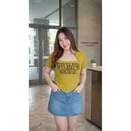 T-Shirt For Chubby Women Square Neck Short Sleeves Man With English Letter Print Chest Between 36-44