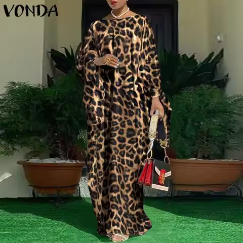 Women Kaftan Dress 2023 VONDA Summer Vintage Leopard Print Party Long Maxi Dress Casual Long Sleeve 