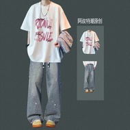 P45 [Two-Piece Set] Summer Short-Sleeved Top T-Shirt Five-Point Sleeve Pure Cotton T686+K80 Jeans S-