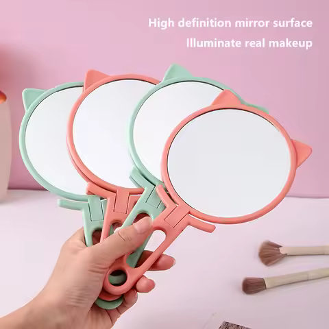 1pc Simple Cat Ears Handheld HD Makeup Mirror Portable Foldable Dual-Use Desktop Mirror Affordable S
