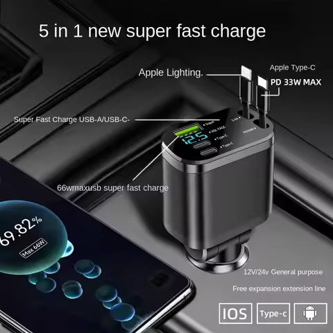 Car charger, car charger with retractable cable, car PD, car fast charging, super fast charging, fla