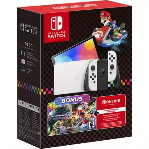 Nintendo Switch OLED Console Bundle with Mario Kart 8 Deluxe Game, White Joy-Con Controllers and Hyb