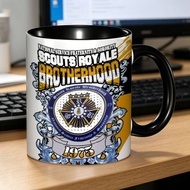 Custom Scouts Royale 1975 Mug, White & Gold Banner Design with Fraternity Crest, Ornate Blue Scrollw