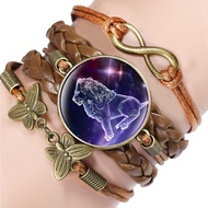 NEW 2024 12 Zodiac Sign Woven Leather Bracelet Aquarius Pisces Aries Taurus Constellation Jewelry Mu