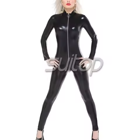 Heavy nature latex 0.6mm Black latex leotard catsuit tights for adult girls with front metallic zipp