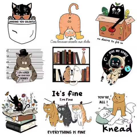 15cm Kid Cartoon It's Fine Booking Black Cat Iron On Transfer Stickers Diy DTF Heat Transfer Sticker