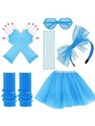 80年代女性女孩子供品套裝,1980年代主題派對裝扮套裝,彩虹短蓬裙,腿套手套,項鍊眼鏡頭箍組合,適用於80年代復古派對女性女孩舞會打扮日