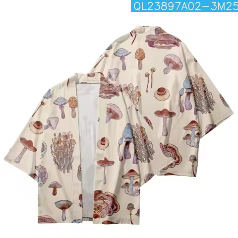 Harajuku Japanese Style Tops Fashion Mushroom Print Kimono Men Women Cardigan Haori Obi Asian Clothe