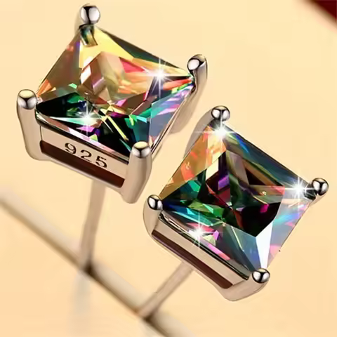 Multicolor Zircon Small Stud Earring Mystic Rainbow Crystal Square Stone Earrings For Women Cute Sil