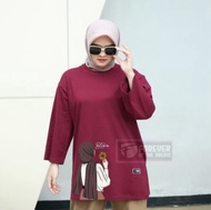 Atasan Wanita Muslimah Oversize Motif DTF Kaos Lengan Panjang 7/8 Cotton Combet 24s Warna Putih
