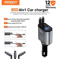DOSEN Retractable Car Charger 120W Charging 4in1 USB Type C Scalable Car Phone Charge For iPhone cha