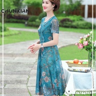 Summer Middle-Aged Elderly Women's Dress, Chiffon Party Mid-Length Dress