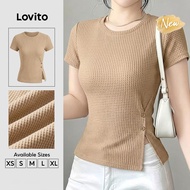 (New Arrival) Lovito Casual T-shirt Jacquard Asymmetrical Button Spring/summer Khaki T-shirt for Wom