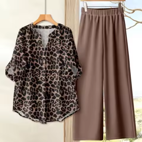 Casual O Neck Printed Short-sleeved Shirt Women Trousers 2 Piece Set Spring Summer Loose Wide-leg Tr