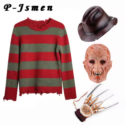P-Jsmen Men's Freddy Krueger Cosplay Costume Adult Sweater Red Striped Knitting Top Hat Mask Hallowe