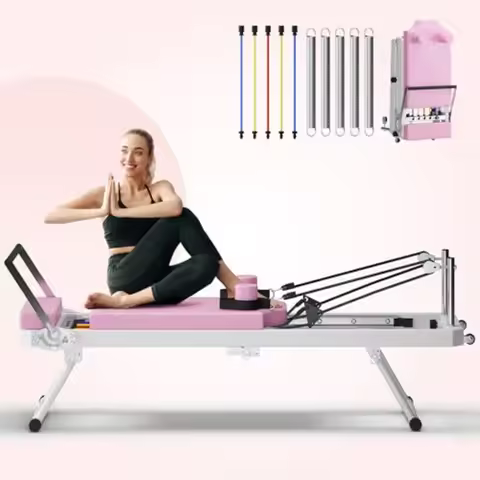 Foldable Pilates Reformer for Home Gym and Studio Pink 77.9 inch Reformer Machine with Dual Resistan