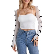 Women Kawaii Lace Bolero Y2K Sheer Mesh Shrug Lolita Bowtie Fishnet Shawl Cute Sweet Arm Sleeves Y2K