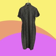 二手 古董訂製 黑色 棉麻質 織紋 開衩 短袖 旗袍 CA404