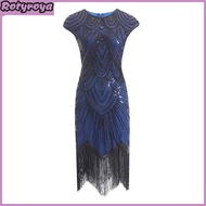 Women Sequin Dress Vintage Prom Party Evening Dress Sleeveless Round Neck Back Zipper Closure Fringe