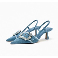 Zara Autumn New Style Women's Shoes Sea Blue Belt Buckle Denim Rhinestone Open Heel High Heel Sandals Women