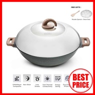 [ Local Ready Stocks ] iGOZO AMOZONAS 36CM NON-STICK PREMIUM GRANITE WOK + GLASS LID FREE : 1. WOODEN SPATULA 2. STEAM