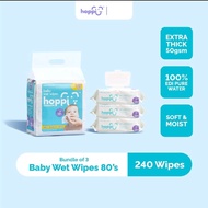 Hoppi Premium 99% Baby Water Wipes / Baby Wipes / Wet Wipes / Wet Tissue - 80 Wipes x 3 Packs