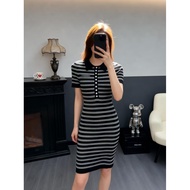 Mi--iu 26 Spring Summer New Style Contrast Color Striped Lapel Knitted Dress