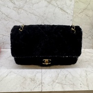 CHANEL 毛呢彩線亮片包邊毛毛口蓋包 黑