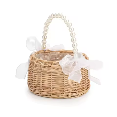 Wicker Flower Girl Basket for Weddings, Rattan Flower Basket Handmade Flower Girl Basket with Handle