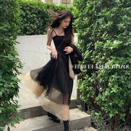 French Niche Designer Customized Style Dark Fairy Contrast Color Patchwork Gauze Sling Long Dress High-End Slimmer Look Dress 4.22