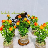 Furniture hiasan bunga buah jeruk manis artifisial dengan pot karung goni unik  lucu dan aesthetic  