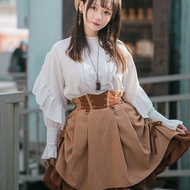 蒸汽朋克 橘棕條紋 荷葉邊 高腰A字裙 雙層復古 可愛甜美 半身裙