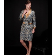 Kwyaster Men Robe Nightgown Satin Kimono Bathrobe Gown Casual Sleepwear Fashion Print Gold Home Dres
