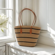 Ready Stock Striped Shoulder Straw Bag Woven Bag Summer New Style Large Capacity Casual All-Match Fe