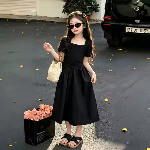 2026 retro French summer Teens Girls Cloth square T-Shirt black splicing princess A-LINE dress Child