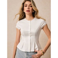 FYF_A1257 - Knit Button Closure Lace Trim Round Neck Short Sleeve Top