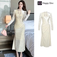 Happy Diva เดรสผู้หญิง เดรสสีครีม เดรสกี่เพ้า เดรสกำมะหยี่ เดรสทำงาน เดรสไฮโซ เดรสวินเทจ เดรสออกงาน 