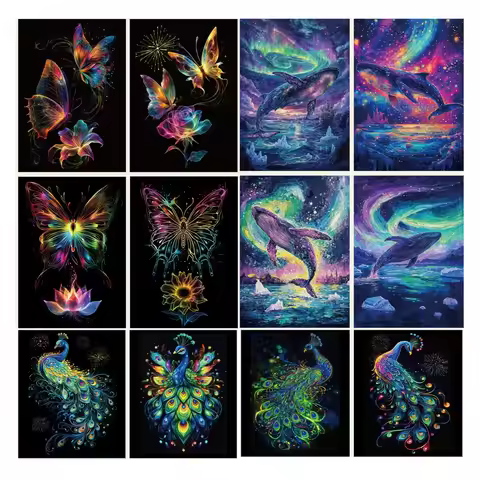 4 Pcs Noctilucent Scratch Rainbow Painting Art Paper,Scratch Painting Creative C Gift,DIY Art Craft 