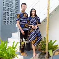 Baju Batik Pasangan Pria Wanita Dewasa Model Dress Tali samping Lengan Pendek Motif Songket Biru - B