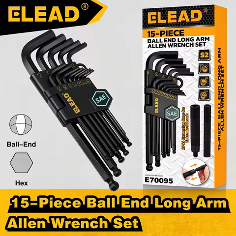 ELEAD 15Pcs SAE Ball End Allen Wrench Set 3/64-3/8 Inch Long Arm S2 Heat-Treated Steel Hex Key Kit W