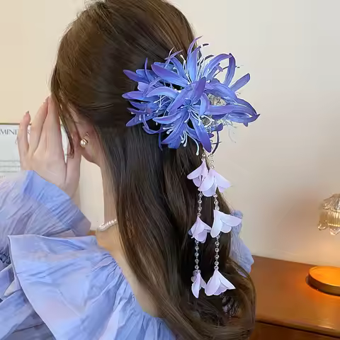 Blue Lycoris Radiata Flower Hairpins for Women Crystal Tassel Hair Grab Clips Romantic Shark Clip Pa