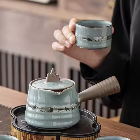 Light Yellow Ru Kiln Side Handle Teapot Mountain View Tea Set with Filter Single Pot Ceramic Ge Kiln