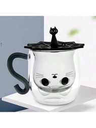 1只卡通貓造型玻璃杯,帶手柄和蓋子,雙層透明玻璃保溫保冷,適用於咖啡、茶、牛奶和果汁等熱/冷飲料
